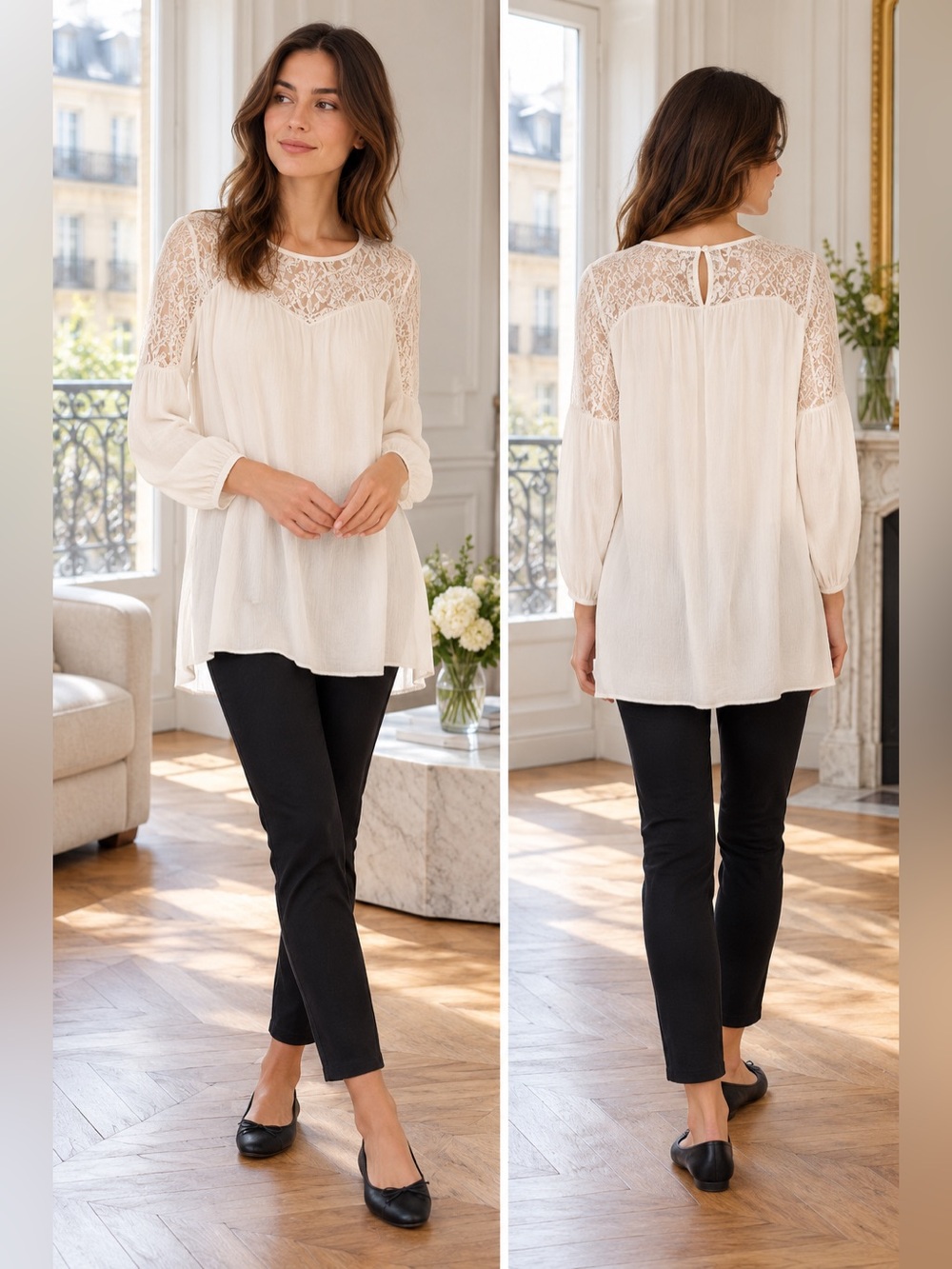 Maje Ivory Floral Lace Yoke Long Sleeve Blouse Size 3/ US L